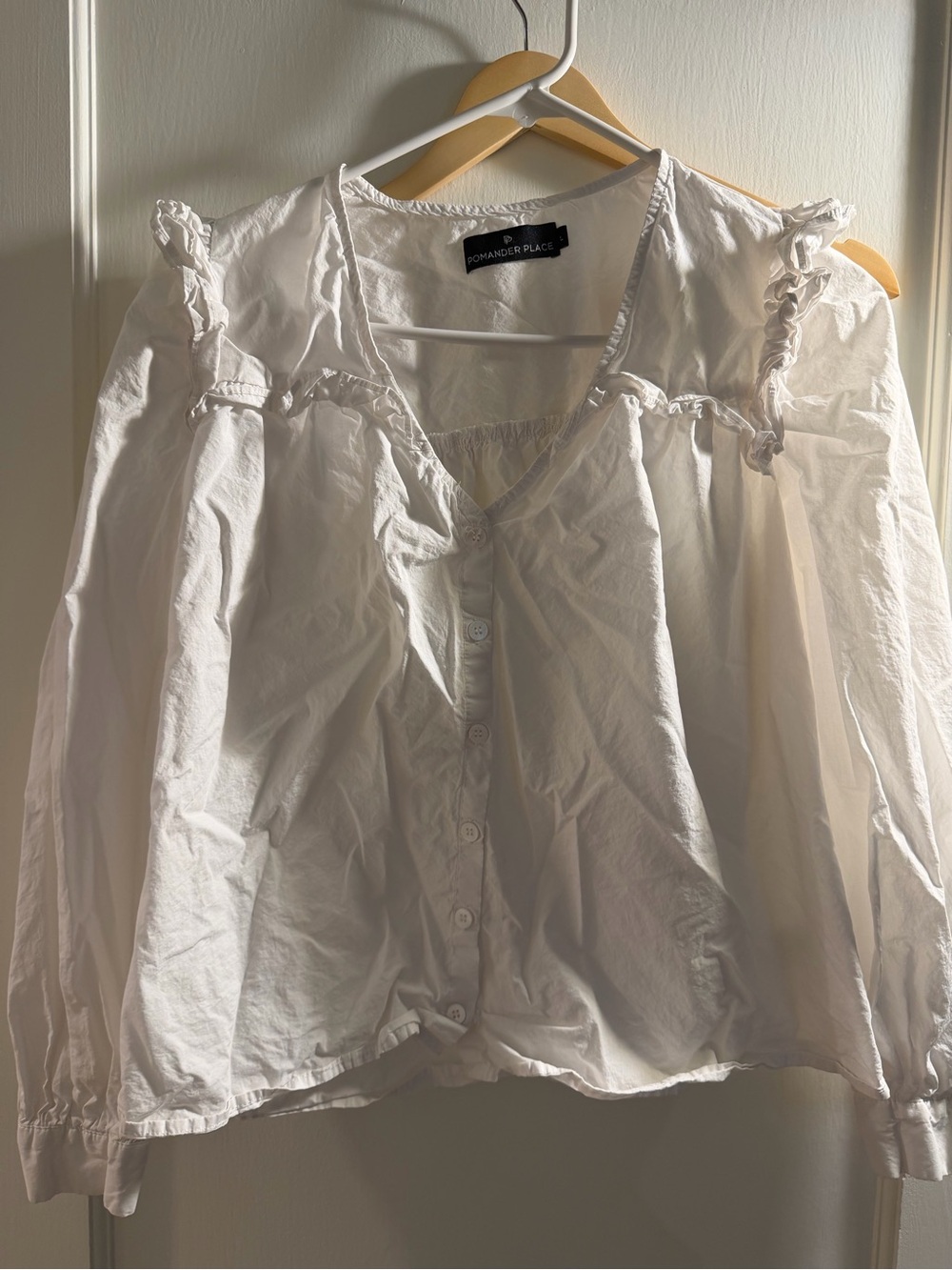 Pomander Place White Ruffle-Trim Button Front Blouse